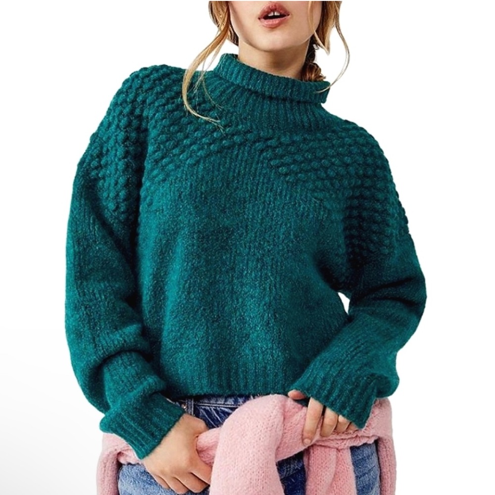 NWT Free People Bradley Pullover Sweater Alpine Heather Teal Green Small